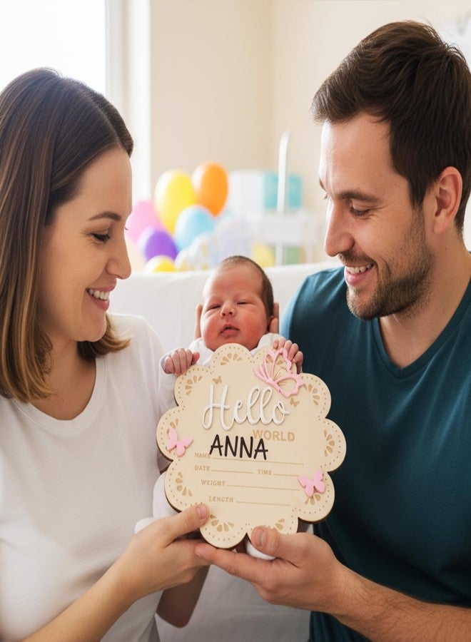 Nogeqi Hello World Newborn Sign, 6 Inch Pink Butterfly Baby Name Announcement Sign, Birth Announcement Signs, Wooden Baby Welcome Signs for Newborn Photo Props Babies Shower Hospital Nursery - Image 4